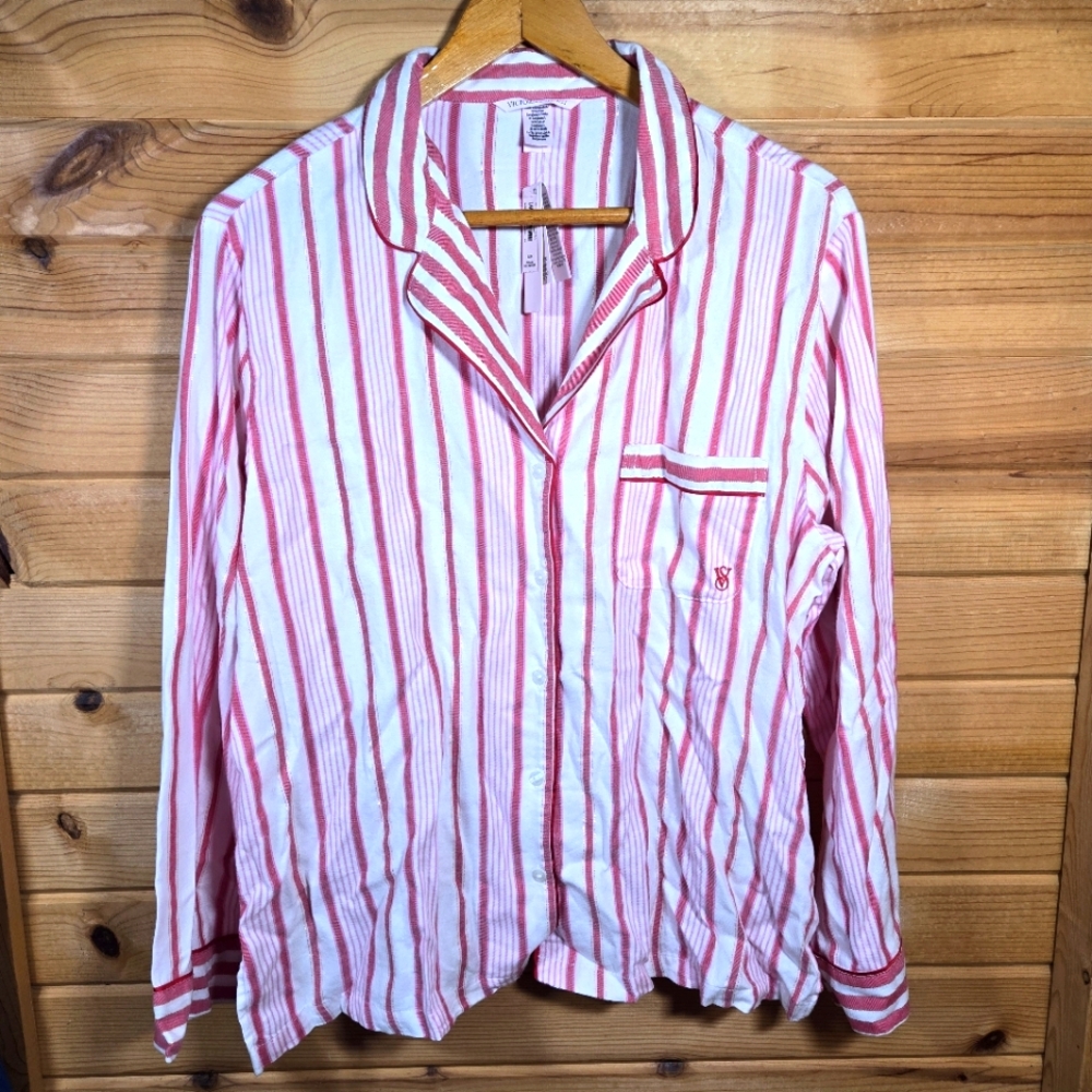 Victoria's Secret Cotton Modal Pajama Top Button Long Sleeve Pink Red Stripe NWT